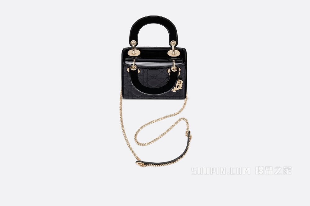 迷你 Lady Dior 手袋 黑色漆皮牛皮革藤格纹