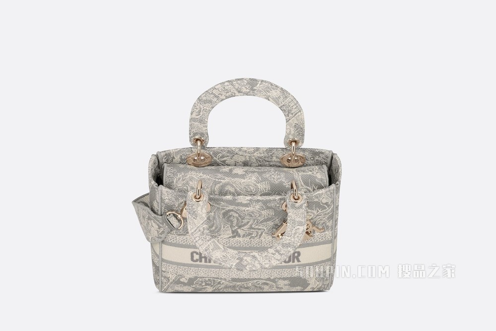 中号 Lady D-Lite 手袋 灰色刺绣 Reverse 茹伊印花