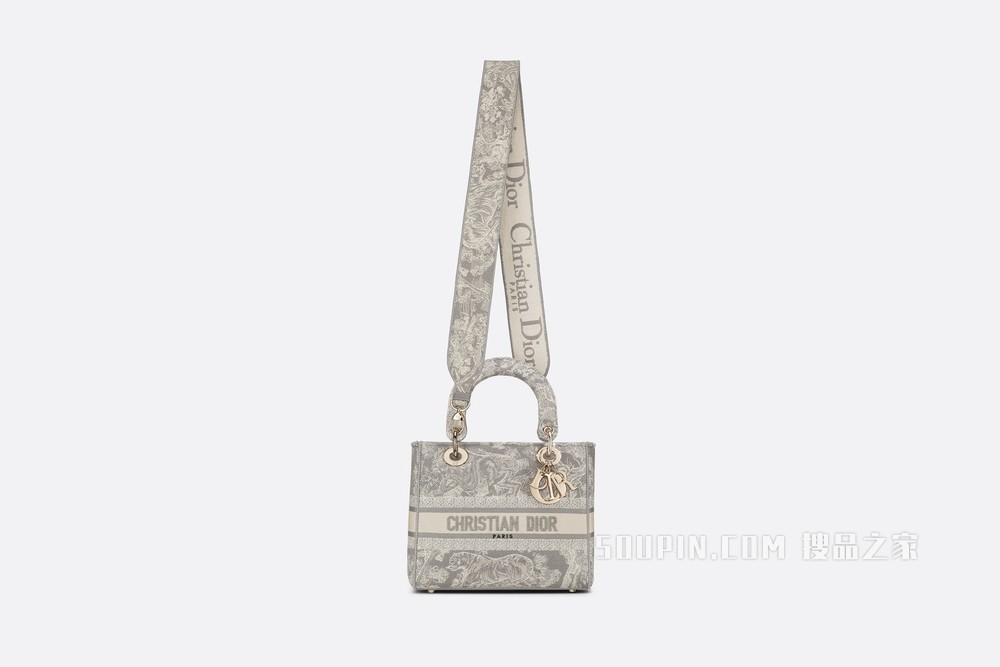 中号 Lady D-Lite 手袋 灰色刺绣 Reverse 茹伊印花