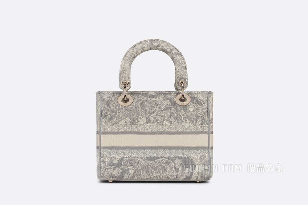 中号 Lady D-Lite 手袋 灰色刺绣 Reverse 茹伊印花