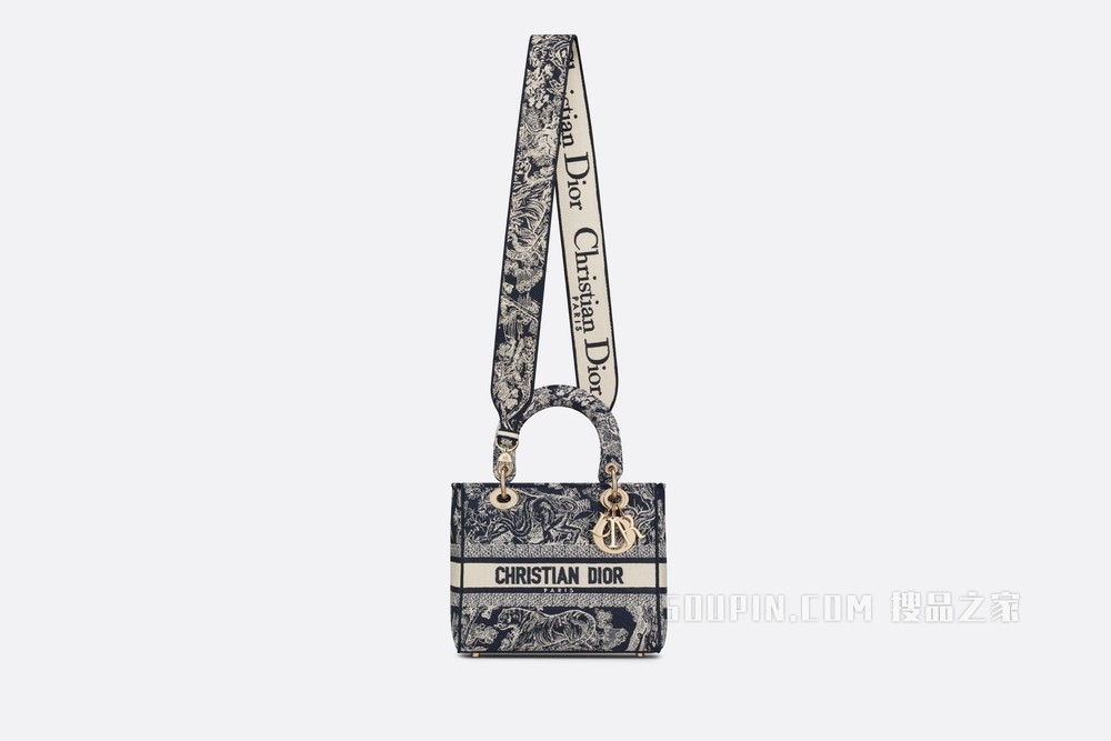 中号 Lady D-Lite 手袋 蓝色刺绣 Reverse 茹伊印花
