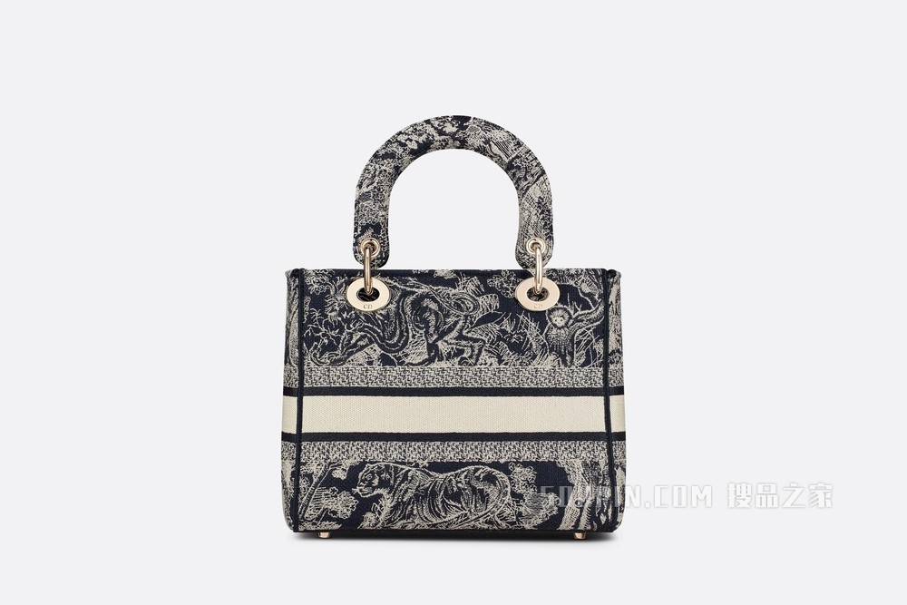 中号 Lady D-Lite 手袋 蓝色刺绣 Reverse 茹伊印花