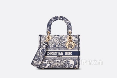 中号 Lady D-Lite 手袋 蓝色茹伊印花刺绣