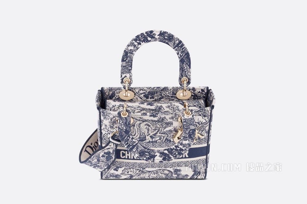 中号 Lady D-Lite 手袋 蓝色茹伊印花刺绣