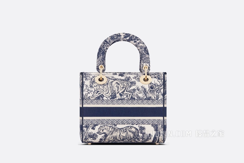 中号 Lady D-Lite 手袋 蓝色茹伊印花刺绣