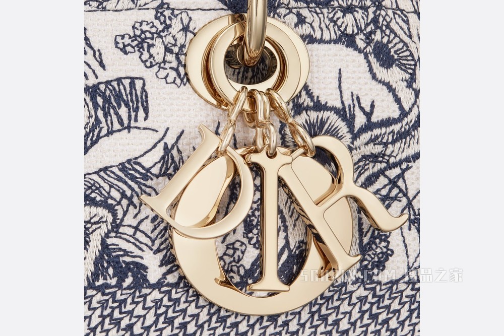 中号 Lady D-Lite 手袋 蓝色茹伊印花刺绣