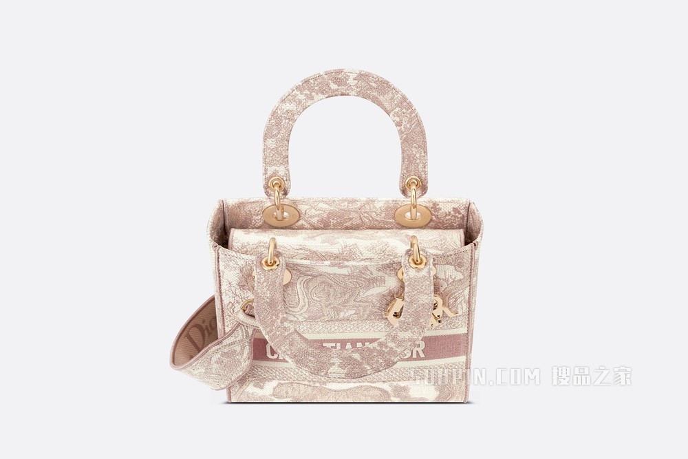 中号 Lady D-Lite 手袋 玫瑰粉色茹伊印花刺绣