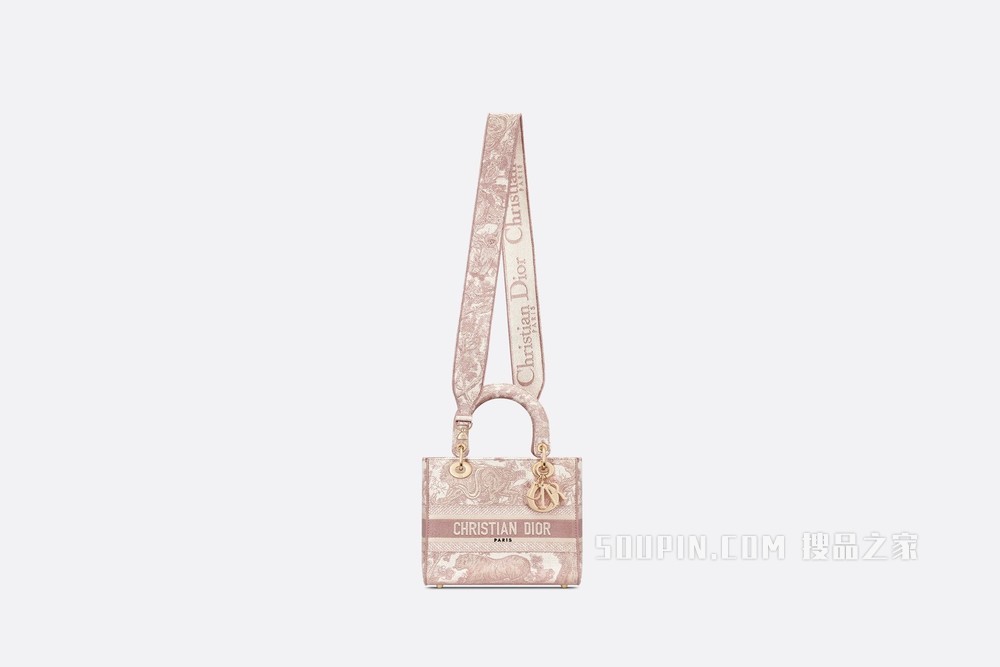 中号 Lady D-Lite 手袋 玫瑰粉色茹伊印花刺绣