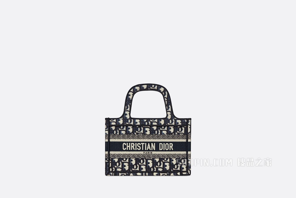迷你 Book Tote 手袋 海军蓝色刺绣 Oblique 印花