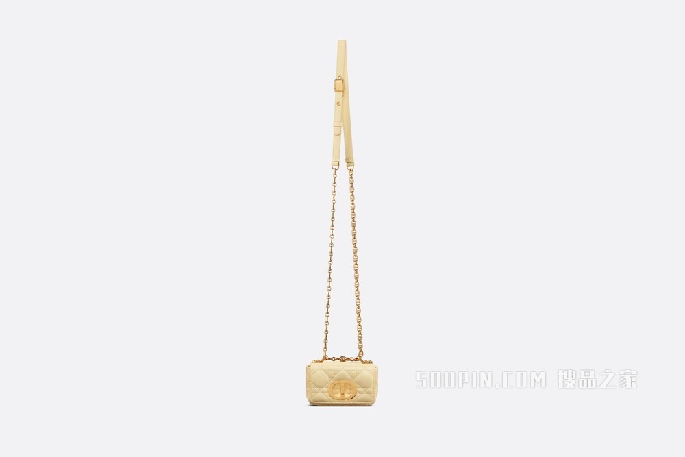 超迷你 Dior Caro 手袋 浅黄色柔软牛皮革藤格纹