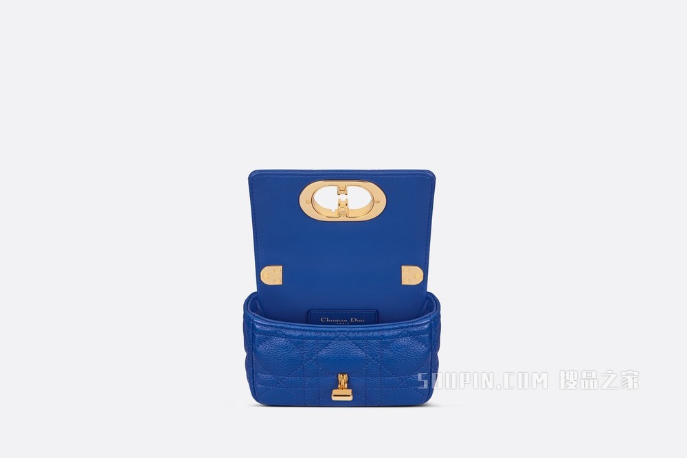 超迷你 Dior Caro 手袋 希腊蓝色柔软牛皮革藤格纹