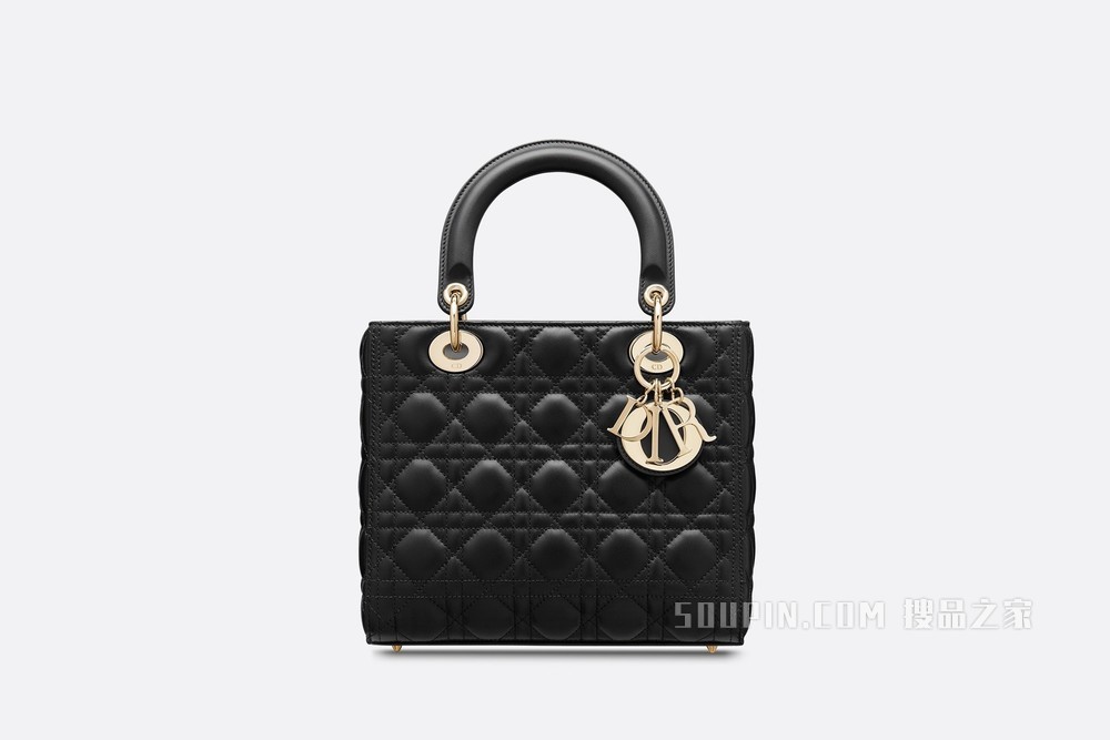 中号 Lady Dior 手袋 黑色羊皮革藤格纹