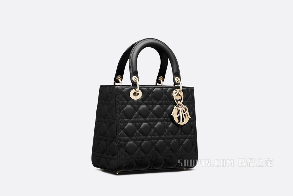中号 Lady Dior 手袋 黑色羊皮革藤格纹