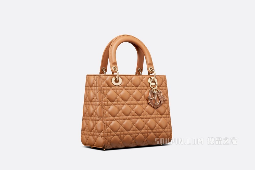 中号 Lady Dior 手袋 琥珀色羊皮革藤格纹