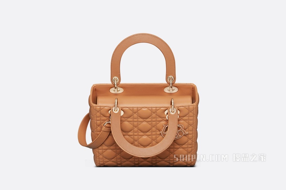 中号 Lady Dior 手袋 琥珀色羊皮革藤格纹