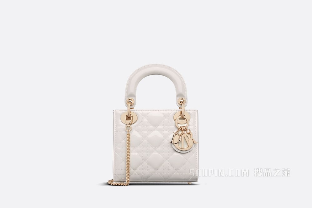 迷你 Lady Dior 手袋 奶白色漆皮牛皮革藤格纹