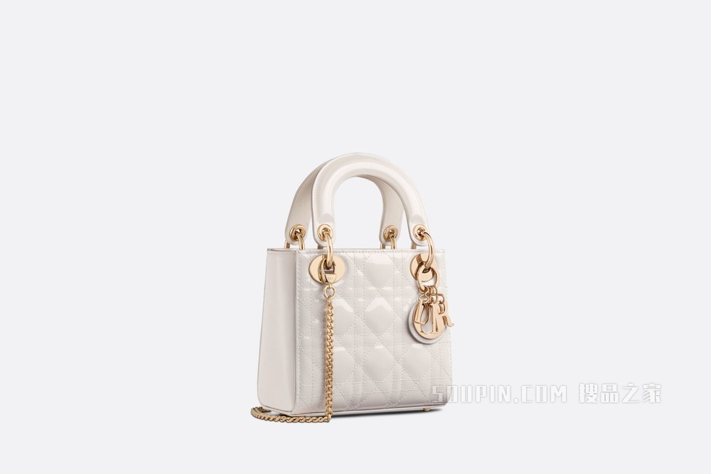 迷你 Lady Dior 手袋 奶白色漆皮牛皮革藤格纹