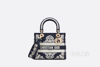 中号 Lady D-Lite 手袋 蓝色款式白色线迹图案刺绣