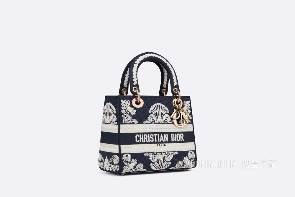 中号 Lady D-Lite 手袋 蓝色款式白色线迹图案刺绣