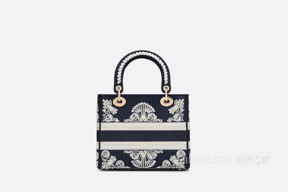 中号 Lady D-Lite 手袋 蓝色款式白色线迹图案刺绣