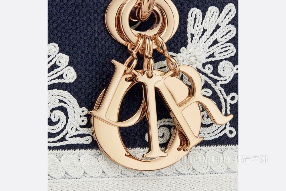 中号 Lady D-Lite 手袋 蓝色款式白色线迹图案刺绣