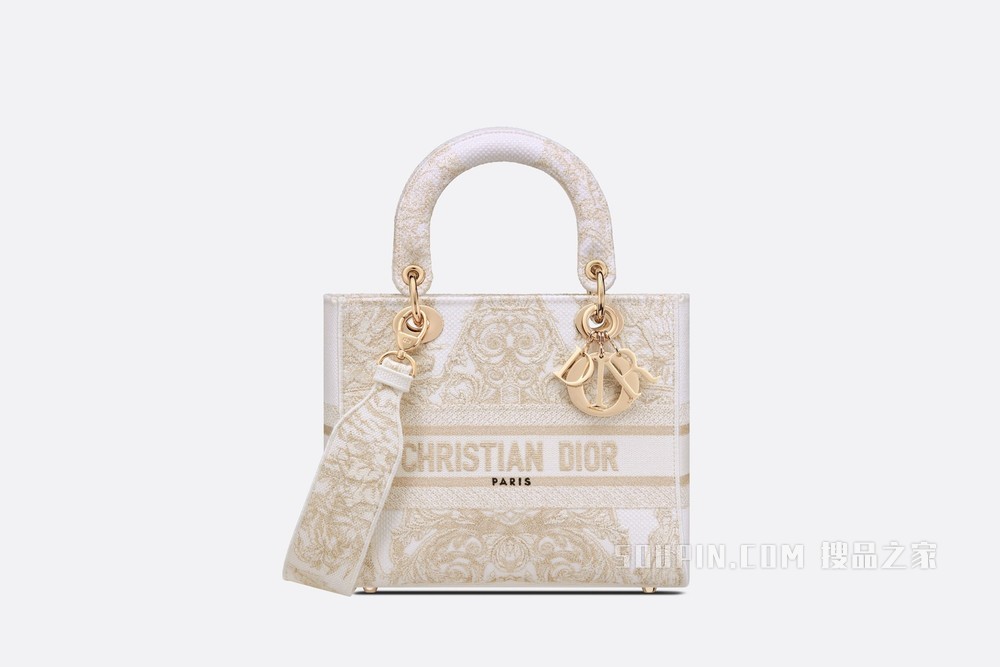 中号 Lady D-Lite 手袋 金色 Dior Around the World Stella 图案刺绣