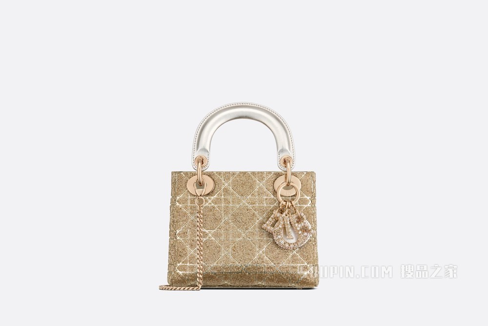 迷你 Lady Dior 手袋 金色调金属光泽羊皮革藤格纹迷你珠饰刺绣