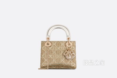迷你 Lady Dior 手袋 金色调金属光泽羊皮革藤格纹迷你珠饰刺绣