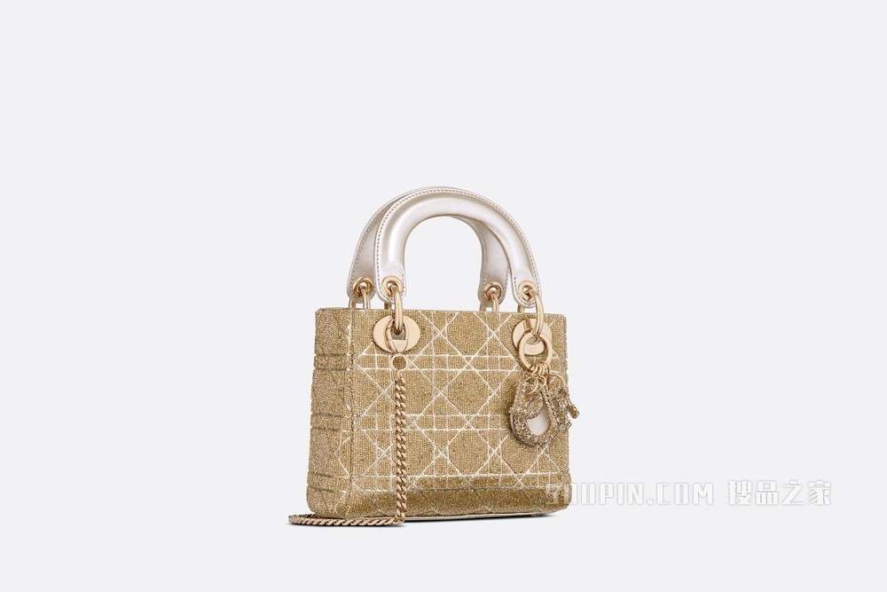 迷你 Lady Dior 手袋 金色调金属光泽羊皮革藤格纹迷你珠饰刺绣