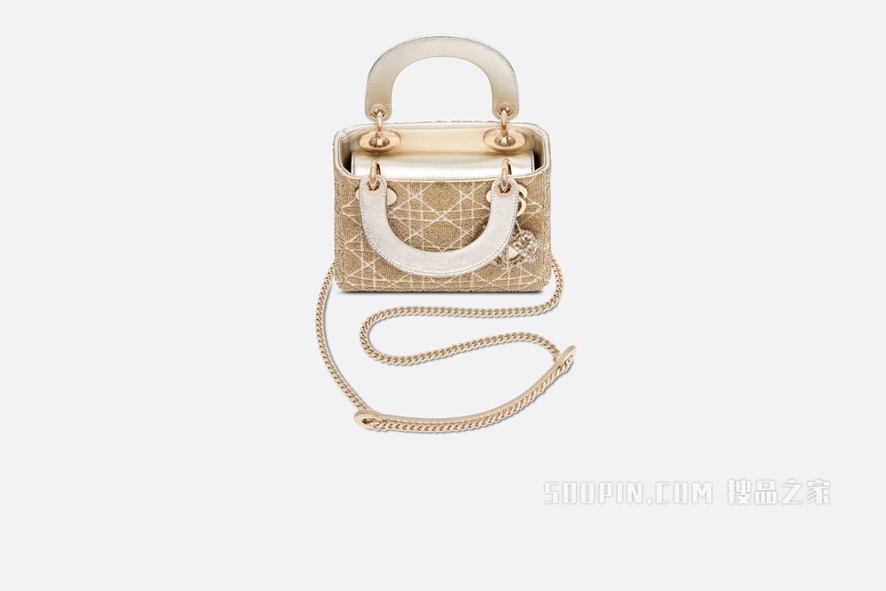 迷你 Lady Dior 手袋 金色调金属光泽羊皮革藤格纹迷你珠饰刺绣