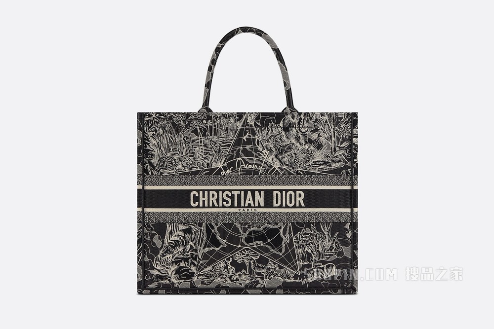 Book Tote 手袋 黑色和白色 Dior Around the World 图案刺绣