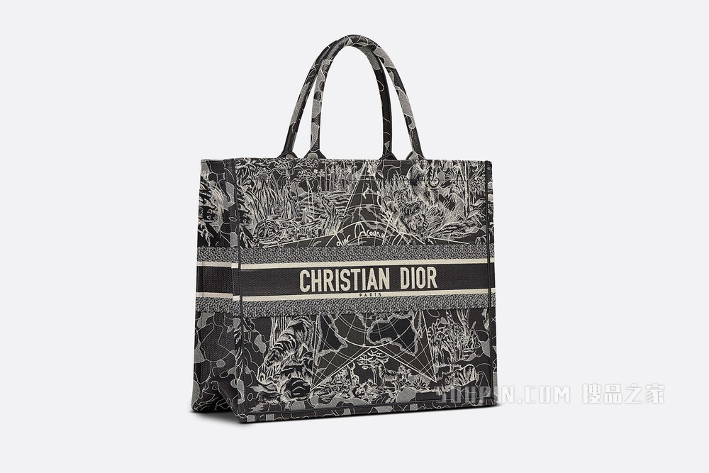 Book Tote 手袋 黑色和白色 Dior Around the World 图案刺绣