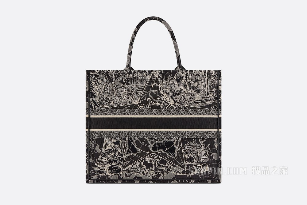 Book Tote 手袋 黑色和白色 Dior Around the World 图案刺绣