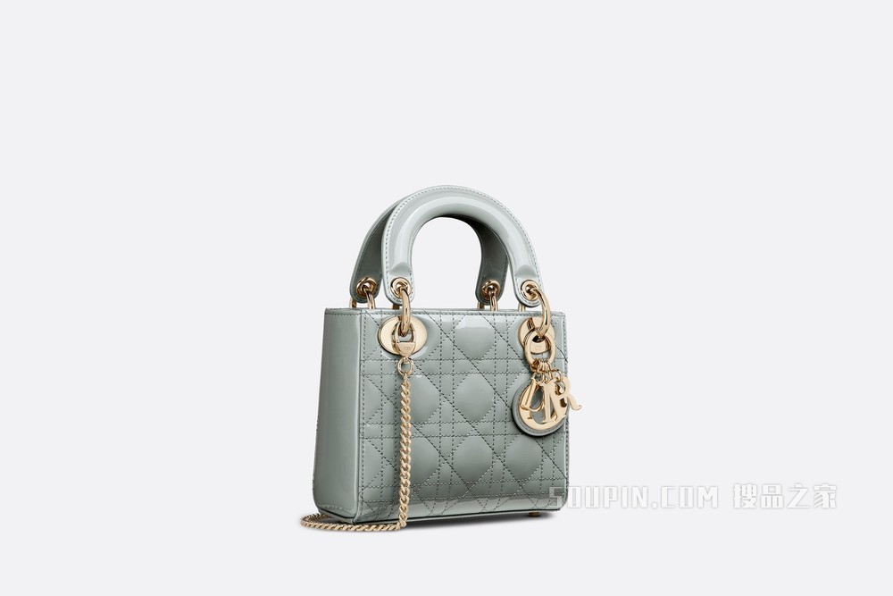 迷你 Lady Dior 手袋 灰色漆皮牛皮革藤格纹