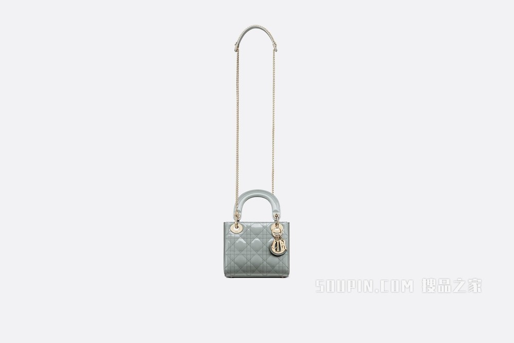 迷你 Lady Dior 手袋 灰色漆皮牛皮革藤格纹