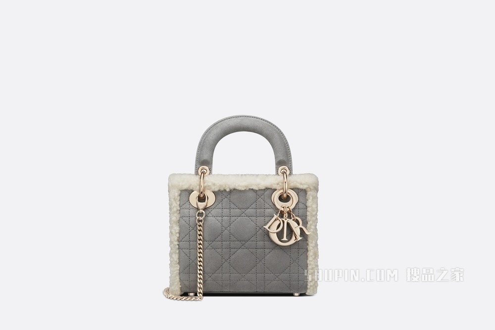 迷你 Lady Dior 手袋 灰色皮毛一体藤格纹