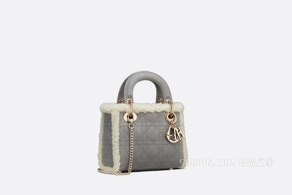 迷你 Lady Dior 手袋 灰色皮毛一体藤格纹