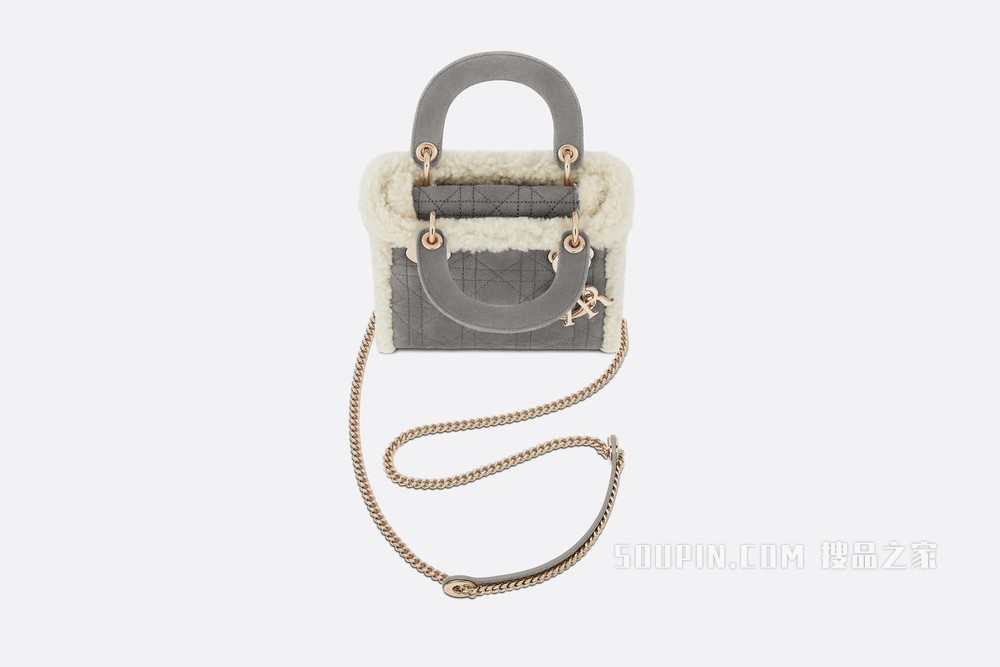 迷你 Lady Dior 手袋 灰色皮毛一体藤格纹