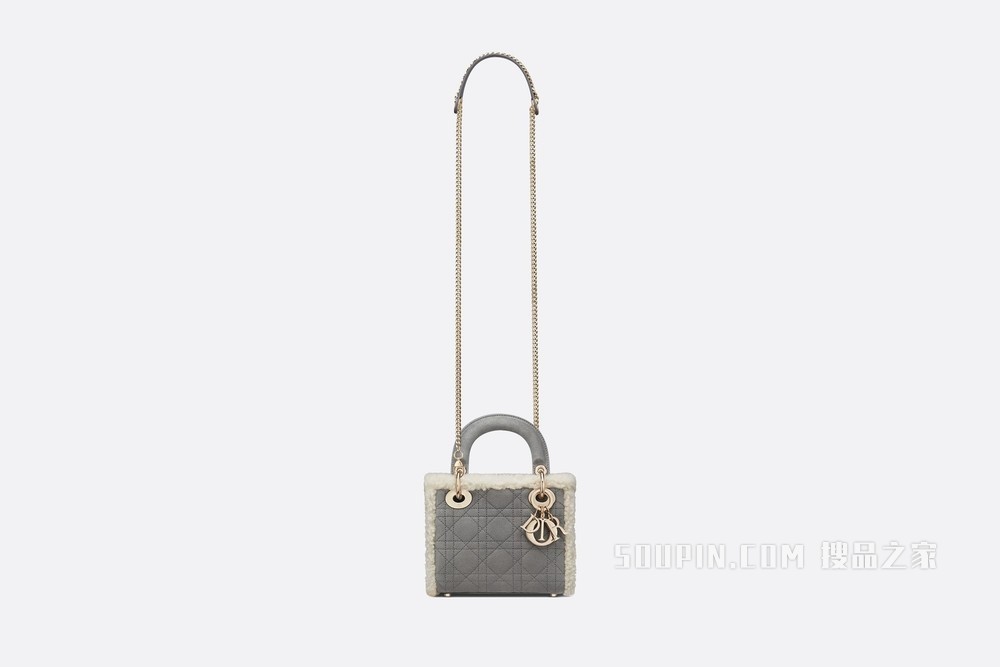 迷你 Lady Dior 手袋 灰色皮毛一体藤格纹