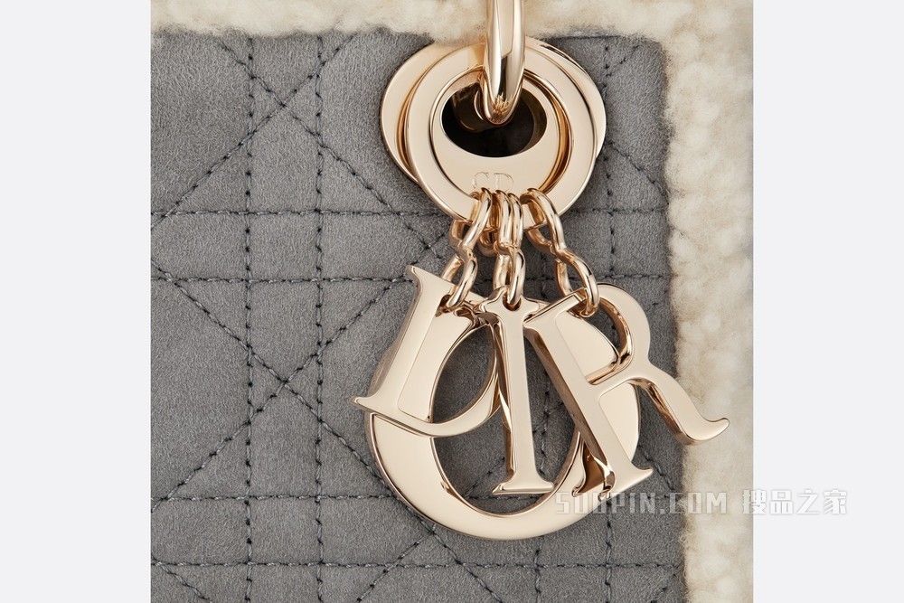 迷你 Lady Dior 手袋 灰色皮毛一体藤格纹