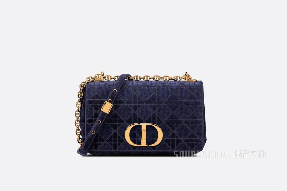 中号 Dior Caro 手袋 蓝色天鹅绒藤格纹刺绣