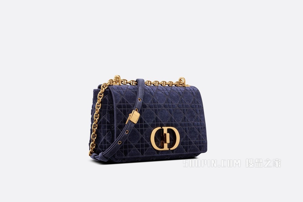 中号 Dior Caro 手袋 蓝色天鹅绒藤格纹刺绣