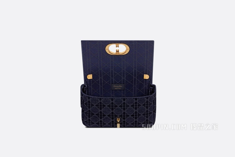 中号 Dior Caro 手袋 蓝色天鹅绒藤格纹刺绣