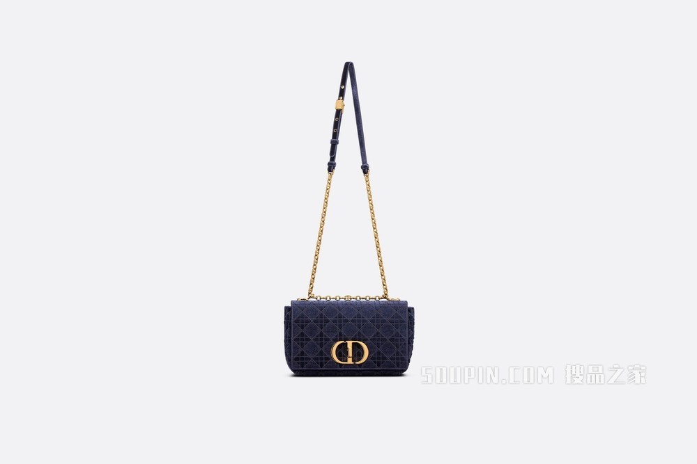 中号 Dior Caro 手袋 蓝色天鹅绒藤格纹刺绣