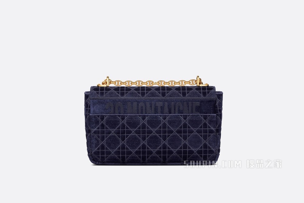 中号 Dior Caro 手袋 蓝色天鹅绒藤格纹刺绣