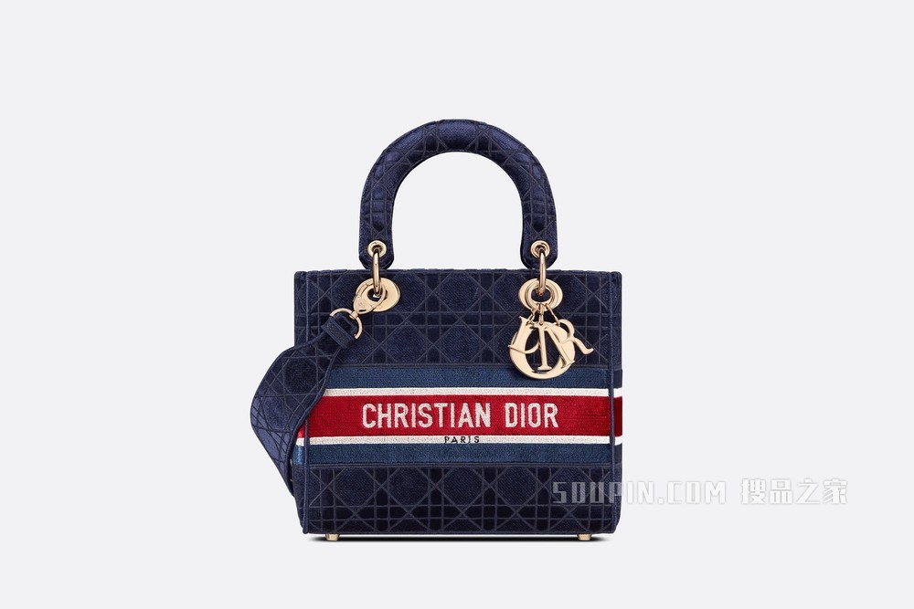 中号 Lady D-Lite 手袋 蓝色天鹅绒藤格纹刺绣