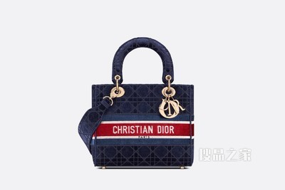 中号 Lady D-Lite 手袋 蓝色天鹅绒藤格纹刺绣