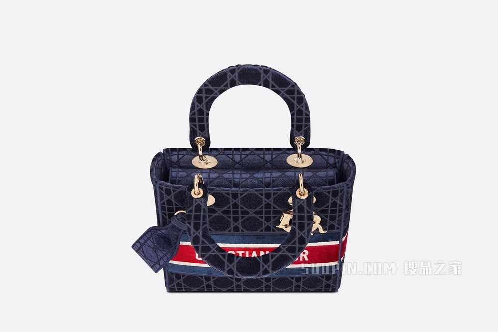 中号 Lady D-Lite 手袋 蓝色天鹅绒藤格纹刺绣