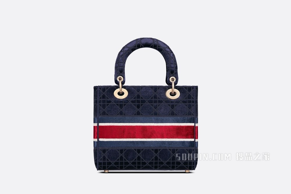 中号 Lady D-Lite 手袋 蓝色天鹅绒藤格纹刺绣