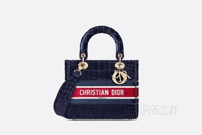 中号 Lady D-Lite 手袋 蓝色天鹅绒鳄鱼皮革效果刺绣